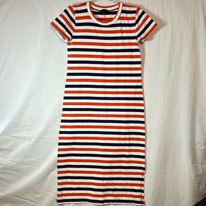 J. Crew Women’s Stripped Short Sleeve Long Dress- Orange White Navy